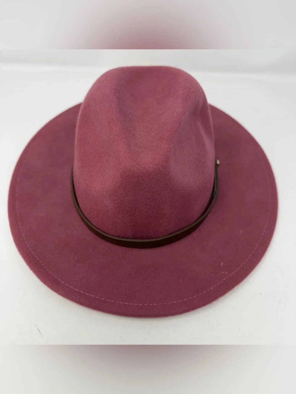 Anthropologie Pink Wool Wide Brim Fedora Hat Leather Band Womens One Size